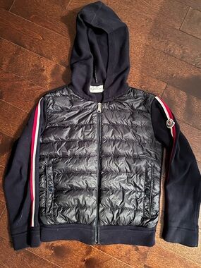 Moncler Kids Navy Hooded Puffer Jacket with Red & White Stripe